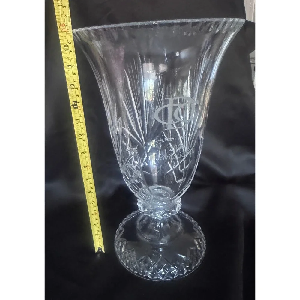Large Cut Crystal Trophy Vase 2006 Invitational DCC Etched Pedestal Centerpiece
